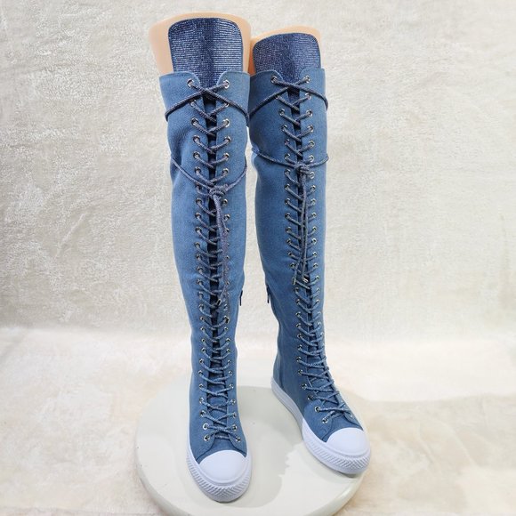 Knee High Canvas Sneakers with Rhinestone Laces - Picture 4 of 11